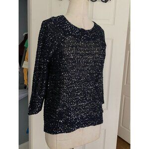 Aqua navy sequin sweater top XS